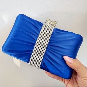 Blue Satin Rhinestone Evening Clutch Evening Bag Fancy NEW